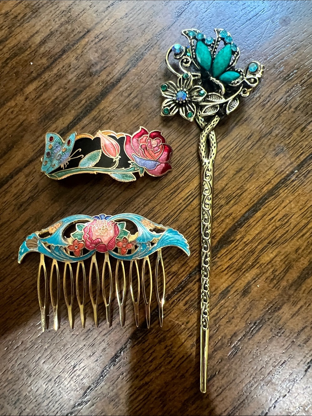 Beautiful hair accesories, 2 cloisonné pieces, stick style piece